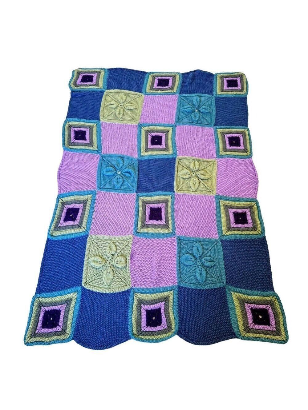 Vintage Mary Maxim Cottagecore 3D Flower Patch Throw Afghan 70"x48" Blue Multi